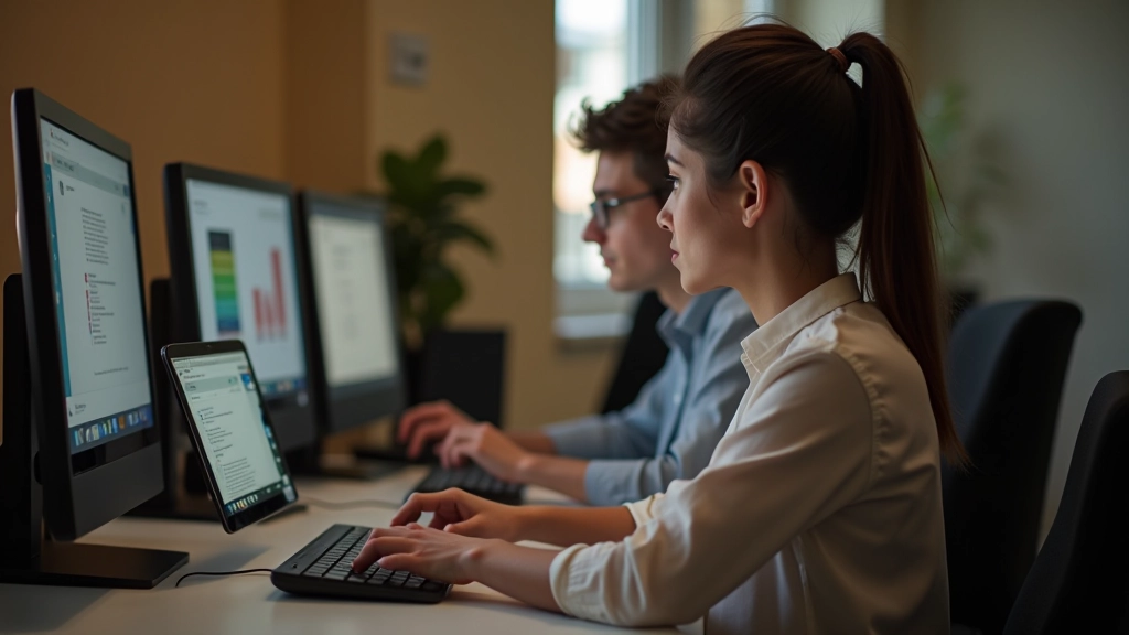 Verschiedene Menschen an Computern mit unterschiedlichen Hilfsmitteln und Technologien