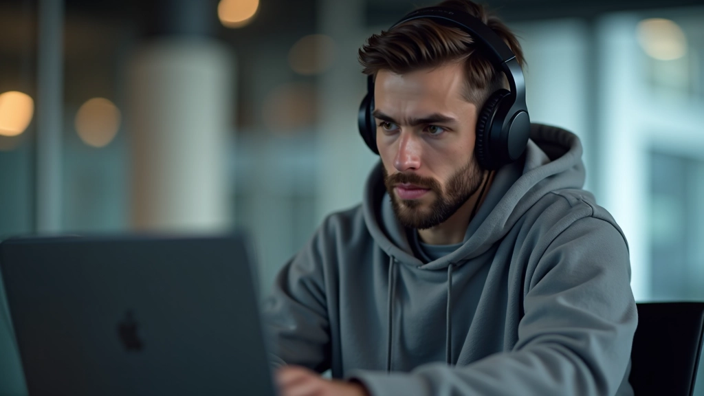 Person trägt Over-Ear-Kopfhörer und bedient einen Laptop, zeigt Screenreader-Nutzung