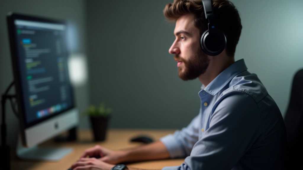 Tester mit Kopfhörern bedient Tastatur — Testing von Screenreader-Kompatibilität