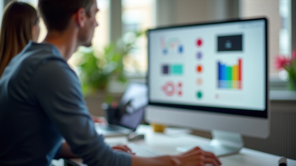 Person schaut auf einen Computerbildschirm mit Designelementen und Farbpaletten — illustriert barrierefreies Webdesign