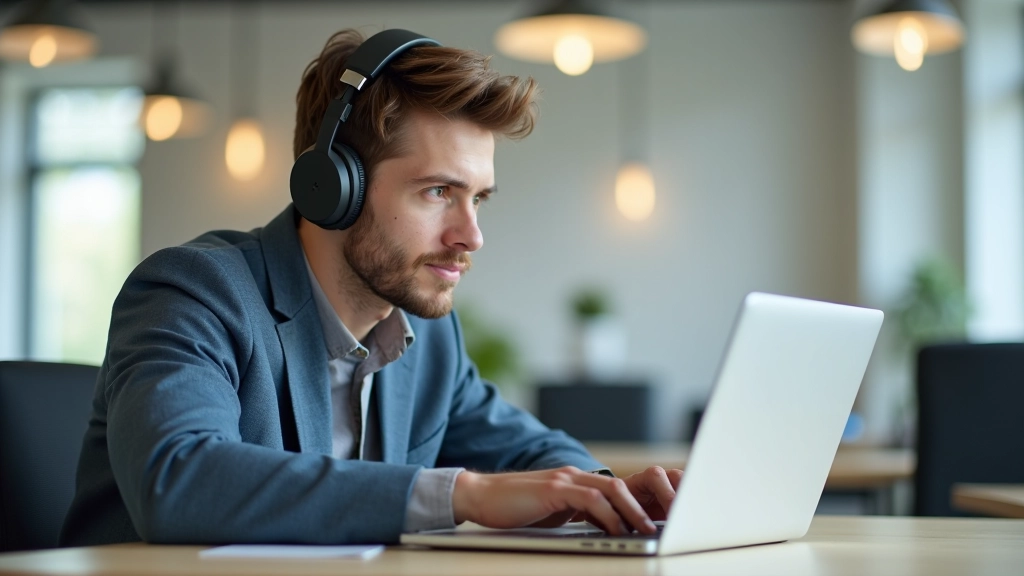 Person mit Kopfhörern sitzt am Computer — Konzept für Screenreader und Audio-Navigation