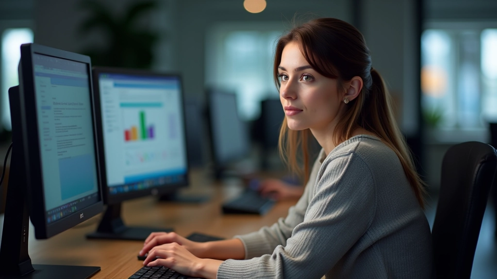 Person sitzt an einem Schreibtisch mit mehreren Monitoren und prüft Accessibility-Metriken
